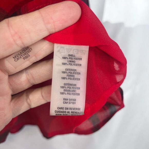 Calvin Klein Abstract Red Ruffle Vneck Peplum Waist Blouse Dressy Bold Size LG - Picture 9 of 10